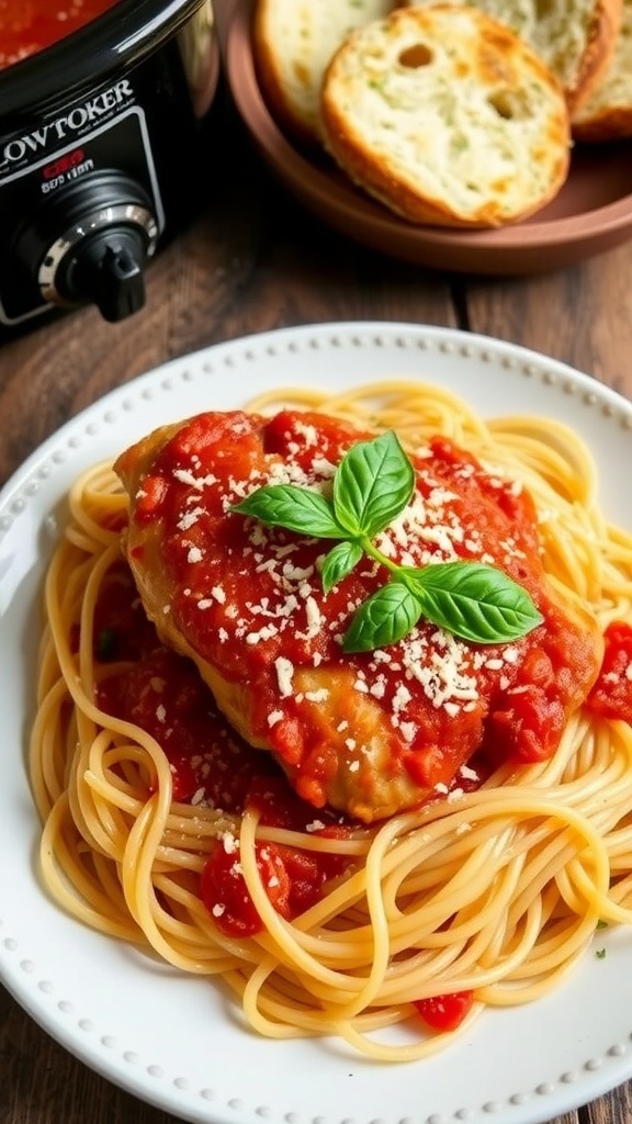 Easy Slow Cooker Italian Chicken Recipe Slow cooker Italian chicken over spaghetti, garnished with basil and Parmesan cheese, with garlic bread on the side.